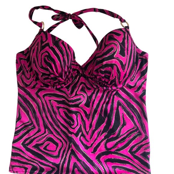 Ambrielle Halter Style, Black, Pink With Gold Glitter Tankini Swimsuit Top, 38C - Picture 5 of 8